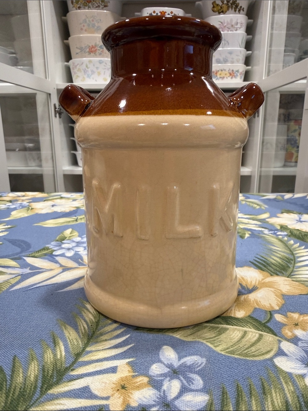 Two-Tone Stoneware Milk Crock Jug in Brown and Cream
